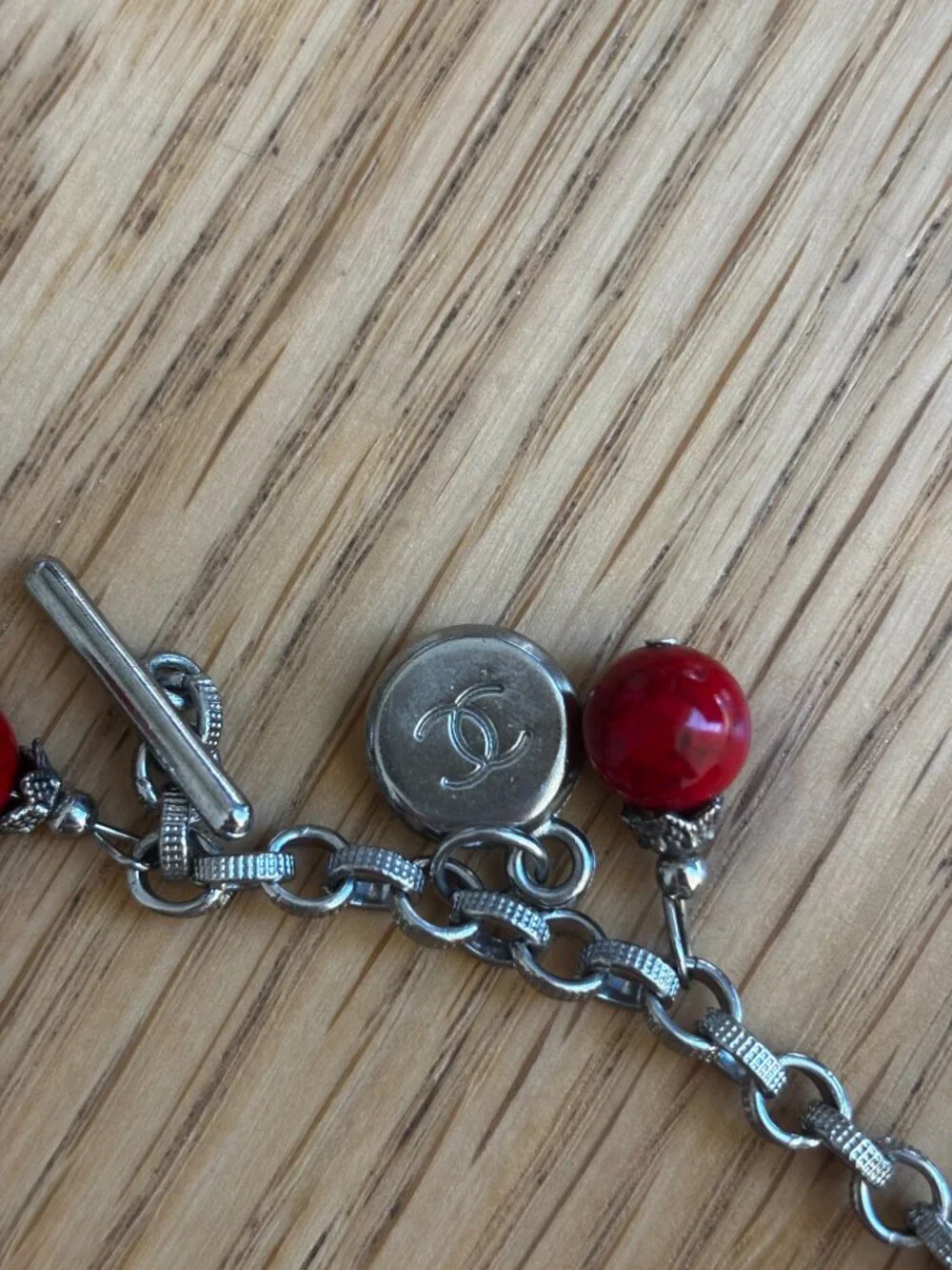Sterling Silver CC Charm Bracelet w/ Red Beads | Italy 925 Toggle - Picture 3 of 4